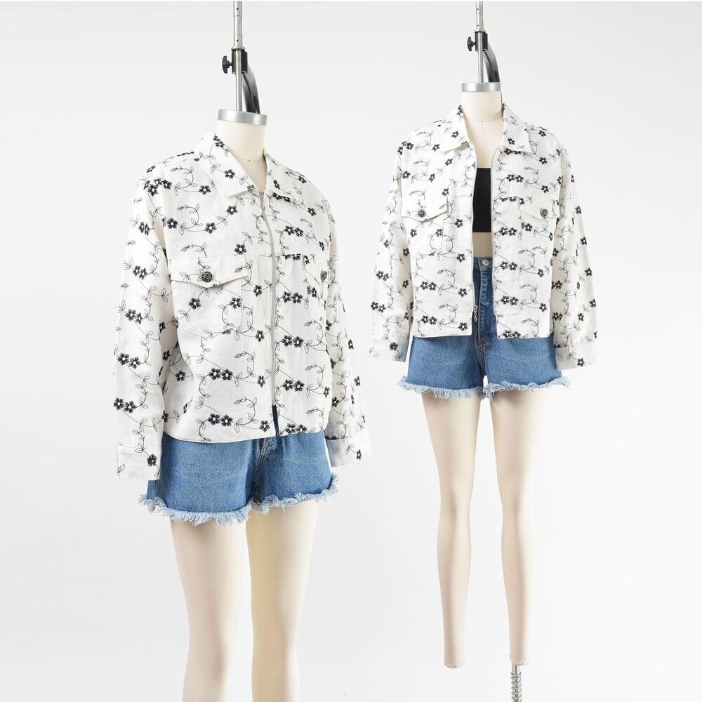 Vintage 90s White Linen Black Floral Embroidered Zip Front Cottagecore Jacket M